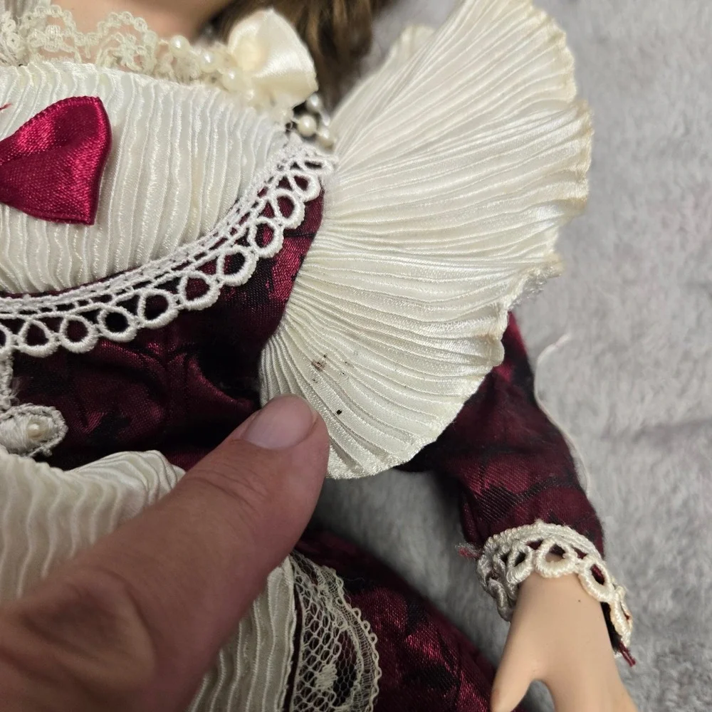 Vintage Porcelain Doll 16 Inch Burgundy Floral Dress Lace Ruffles Victorian